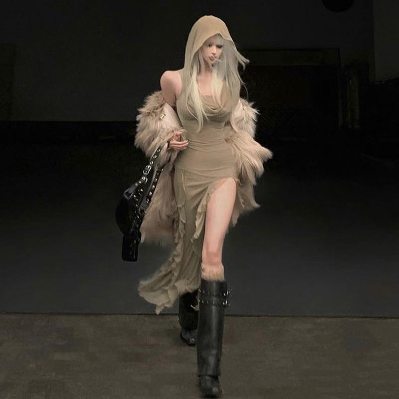 Dune Waste Soil Balaclava Design Solid Color Dress Retro Sexy Slim Fit Slit - Bellarte Enchanté Dune Waste Soil Balaclava Design Solid Color Dress Retro Sexy Slim Fit Slit